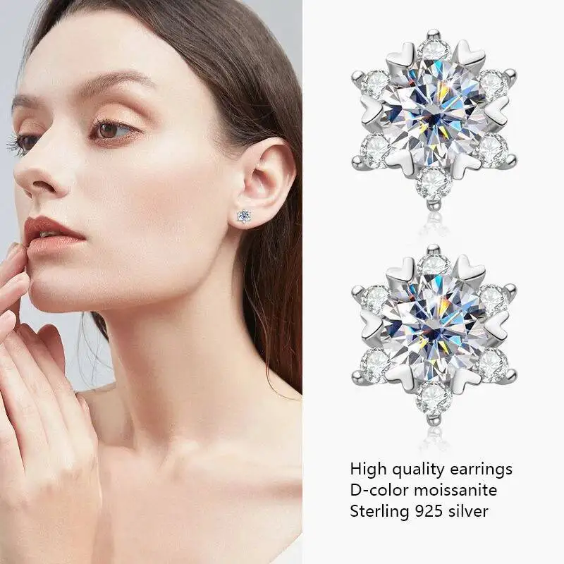 

JoyceJelly 1ct S925 Silver Moissanite Snowflake Earrings for Women Fashionable and Classic 6-claw Design Valentine's Day Gift