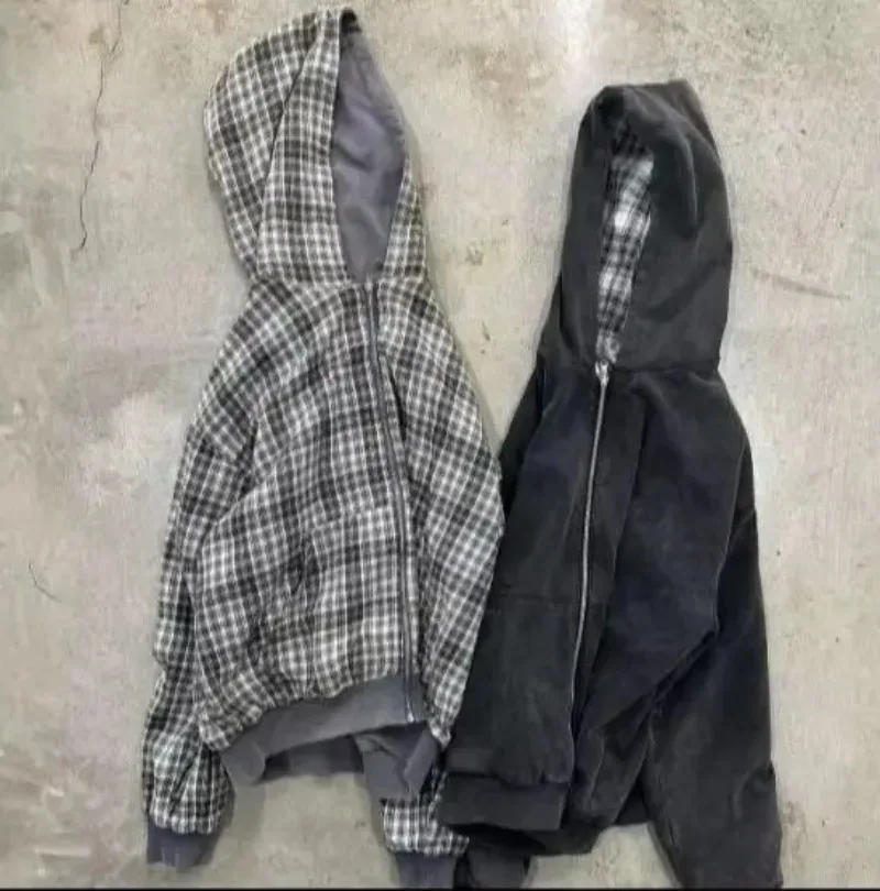 Reversible Plaid American Retro Zipper Hoodie Sweatshirt Mens Womens Casual Plaid Sweatshirt Solid Color Lining Y2K Street Style