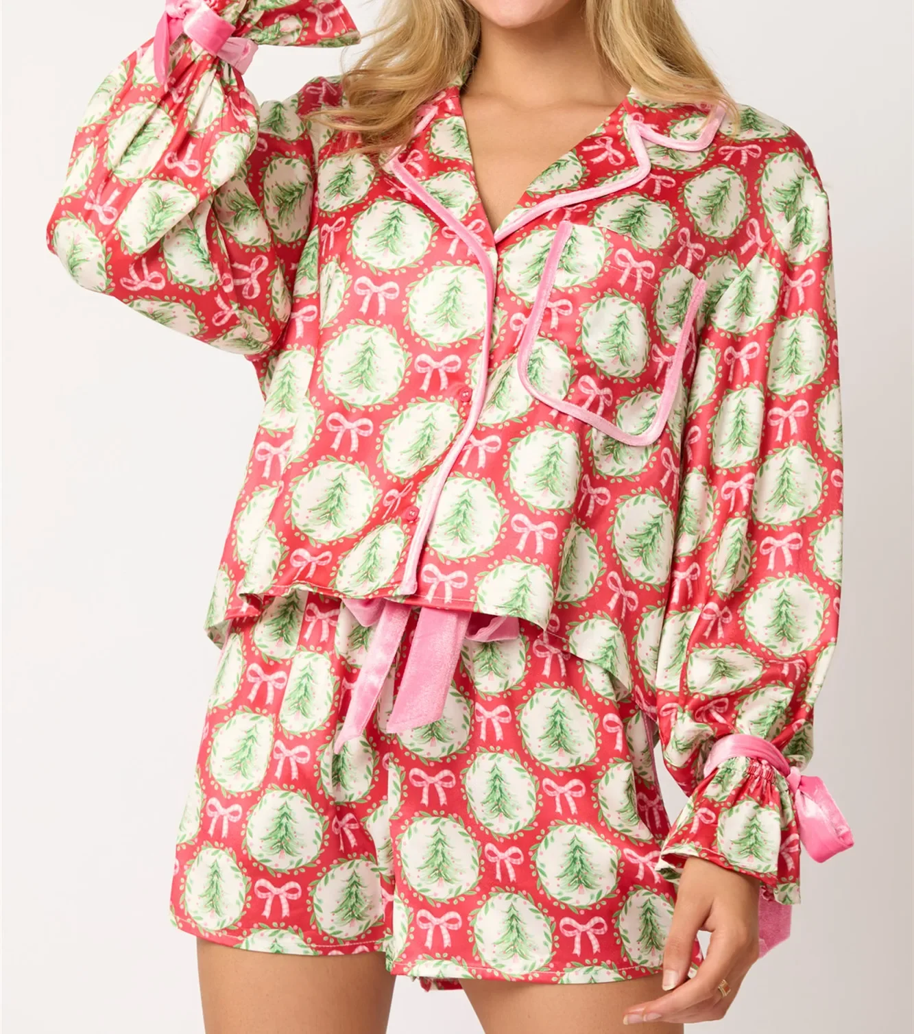 Christmas Tree Pajama Sets for Women 2 Piece Cute Santa Silk Pjs Xmas Bow Tie Long Sleeve Pajamas Shirt Ruffle Shorts Jammies