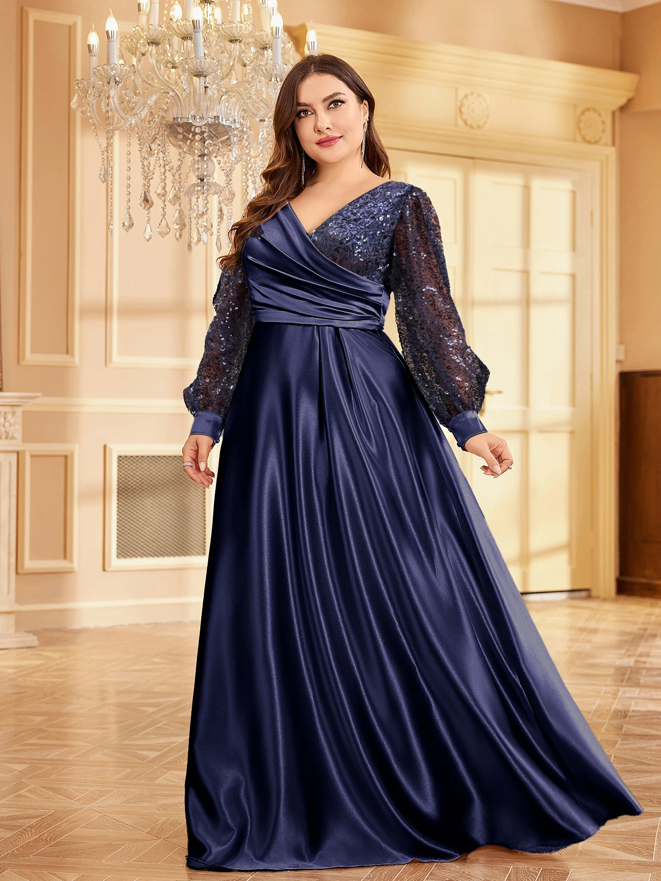 XUIBOL Luxurious Sequin Satin Evening Gown, Party Long Sleeve Plus Size V-neck Dress