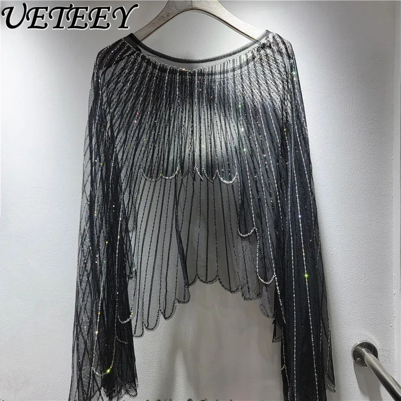 

Модная европейская накидка-шаль 2026 Весна/Лето: Новая блестящая накидка-кейп с бисером и стразами для женщин