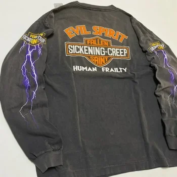 Saint Michael Übergroße Hoodies Übergroße gewaschene Männer Frauen 1:1 Vintage Evil Spirit Lightning Print Lange Ärmel