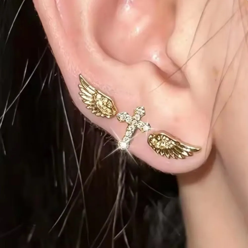 3Pcs Angel Wing Cross Zircon Ear Studs for Women Sweet Cool Punk Piercing Earring Couple Fashion Gothic Jewelry Accessories Gift