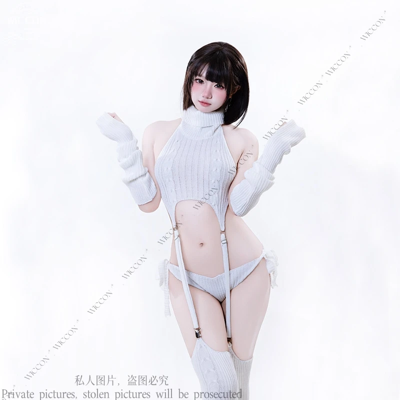 

Halter Sweater Innocence Sexy Woman Man Gift Role Play Veil Clothes Sock Gloves White Cosplay Costume Adult Performance Set