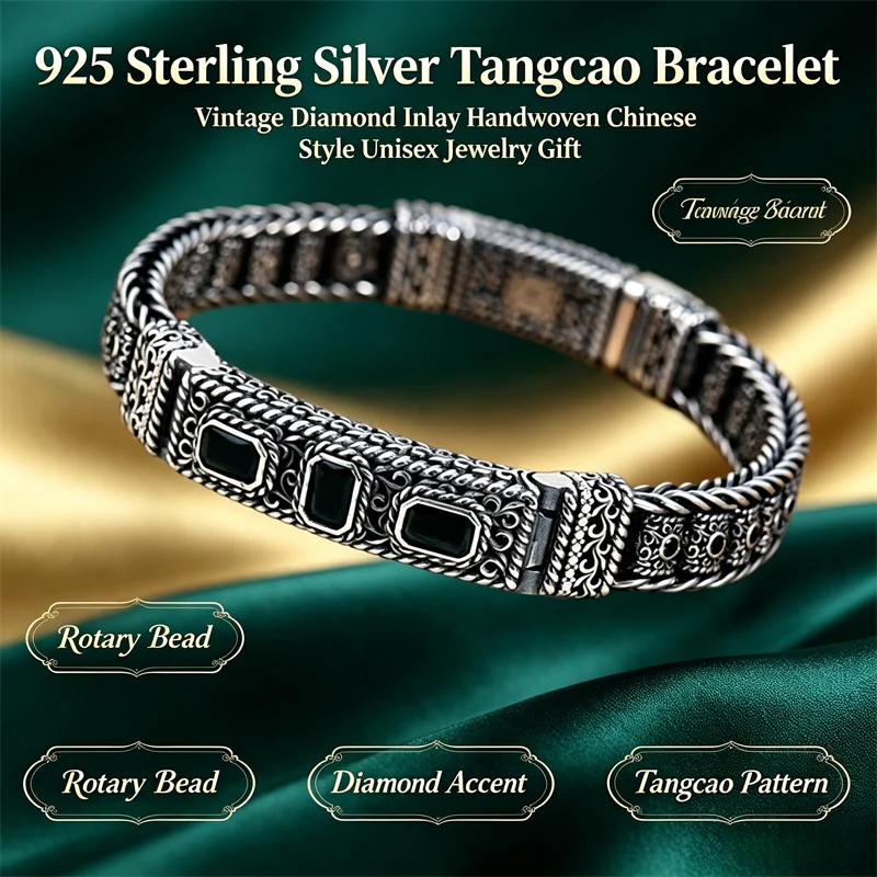 OUYADI S925 Pure Silver Hand Braided Couple Bracelet Retro Blue Gemstone Men Wristband Jewelry Gift