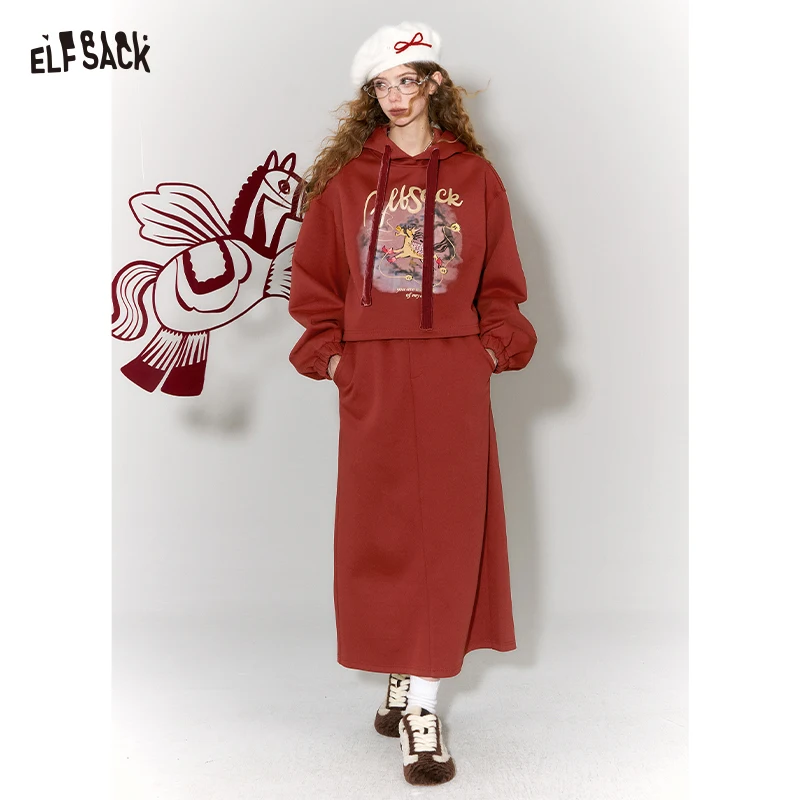 ELFSACK Women's Hoodie Skirt Set - Red Oversized 2 Piece Outfit with Printed Hoodie & High Waist Skirt - Trendy Casual Wear Set