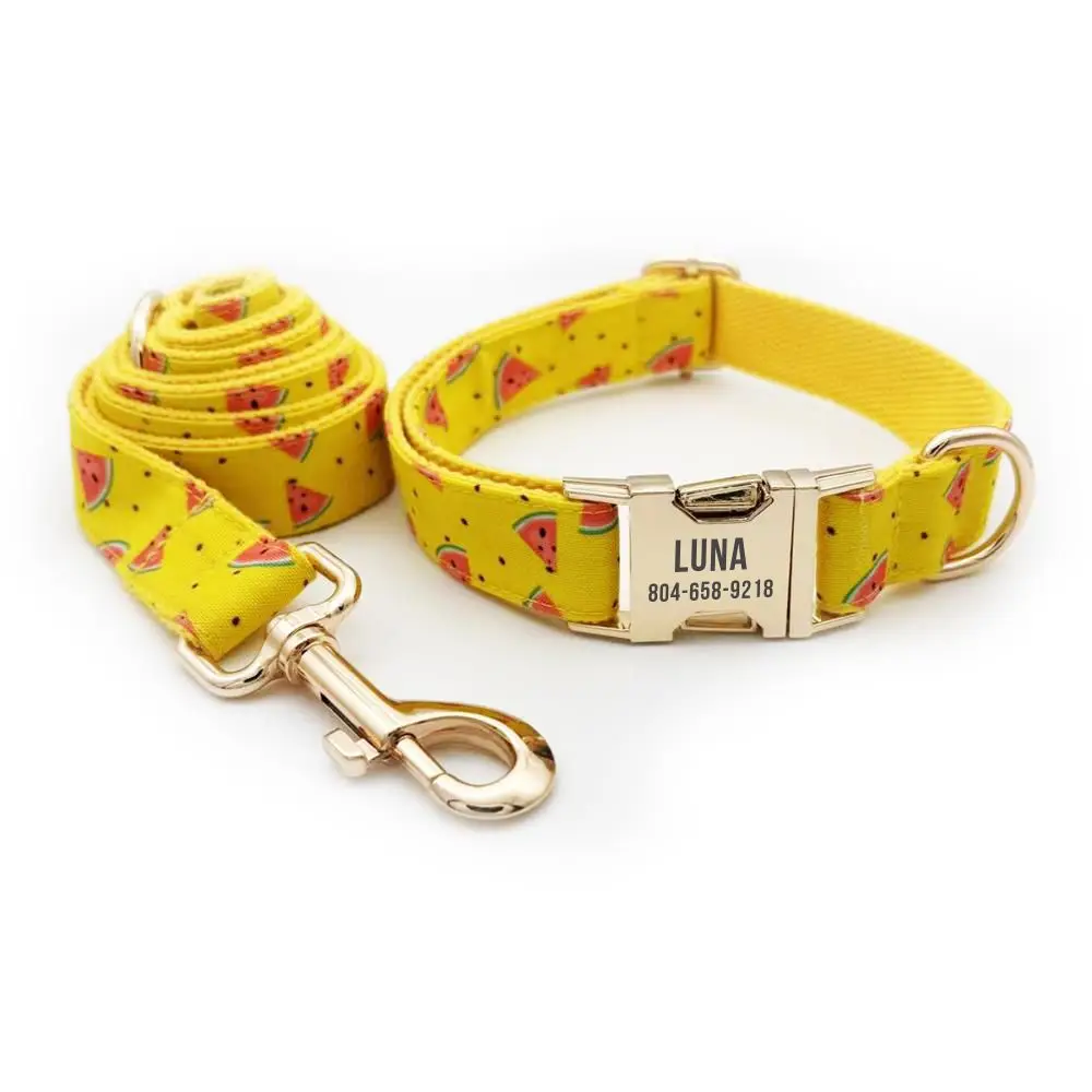 Personalized Watermelon Yellow Dog Collar Custom Puppy ID Buckle Adjustable Basic Dog Collars, Matching Leash Available