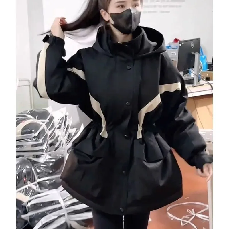 

Hooded Windbreaker Parka Autumn Black Splicing Coat Women Korean Casual Jacket Loose Streetwear Female Clothes E12444