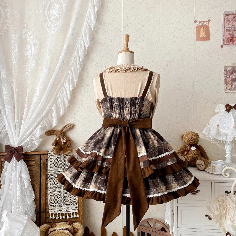 Japanese Harajuku Fashion Lolita Jsk Dress Women Sweet Lace Bow Plaid Princess Dresses Retro Cute Birthday Gift Tea Party Dress