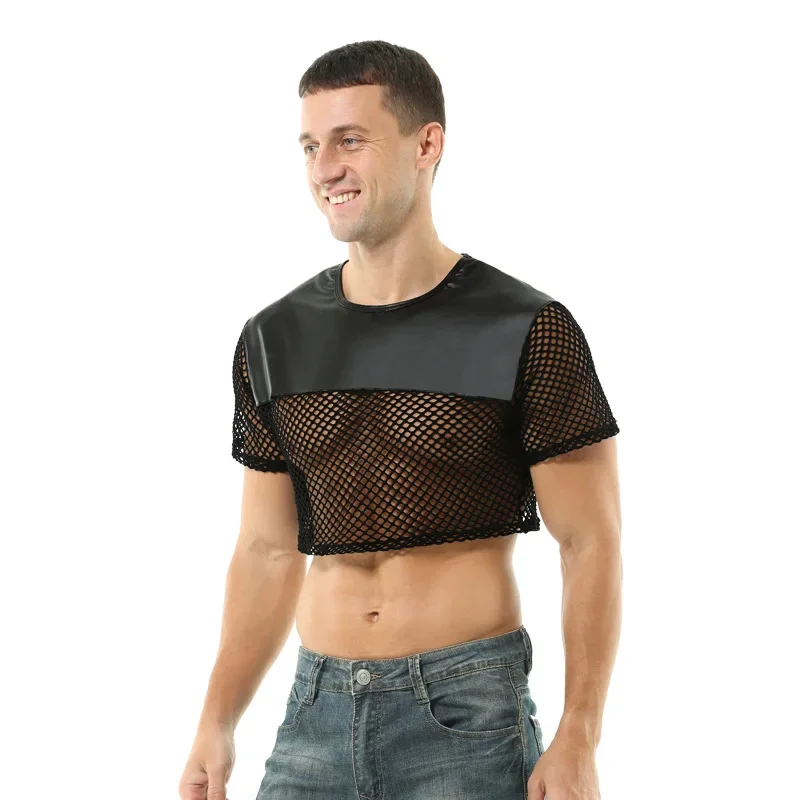 Mens T-Shirt Sexy Faux Leather Hollow Out Crew Neck Fishnet Cutout Large Size Top No Pants