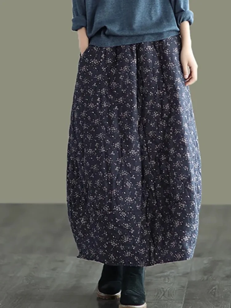 Retro Floral Cotton Half Skirt Women's Winter Thick Warm A-Line Midi Skirt Cotton Linen Bloom Skirt High Waist Elastic Waist
