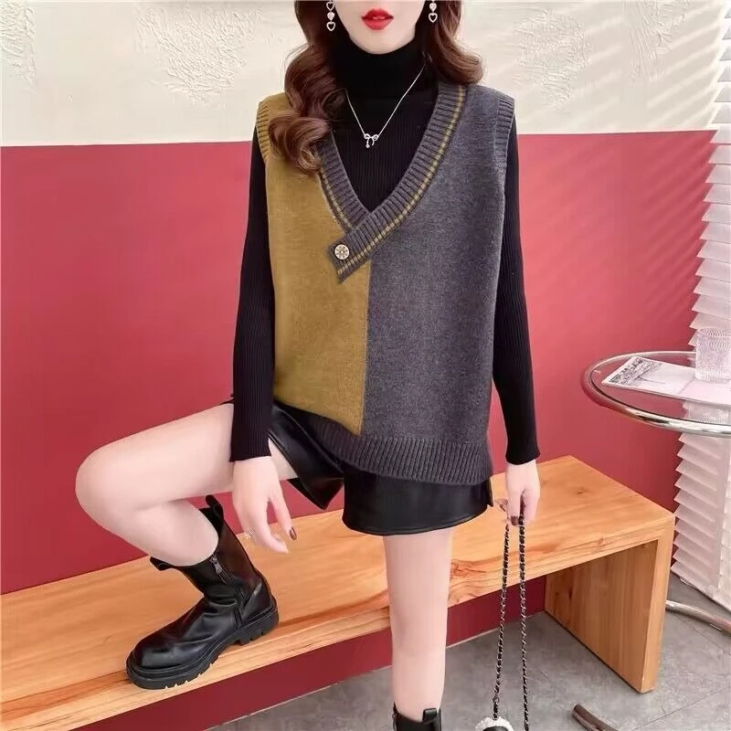 Luźna kamizelka bez rękawów z dekoltem w serek, dzianinowa, w bloki kolorystyczne, damska, nowa kolekcja wiosna-jesień 2025, koreański styl, modny, casualowy sweter.