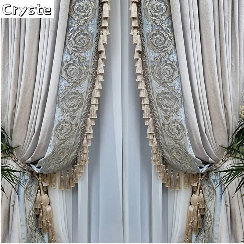 French Luxury Beige Velvet Lace Stitching Tassel Blackout Curtain for Living Room American Retro Villa Bedroom Drapes Customize