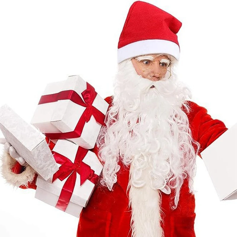 Christmas Santa Claus Costumes 5Pcs Curly Wig Gold Rimmed Glasses Gloves Hat Beard Cosplay Sets