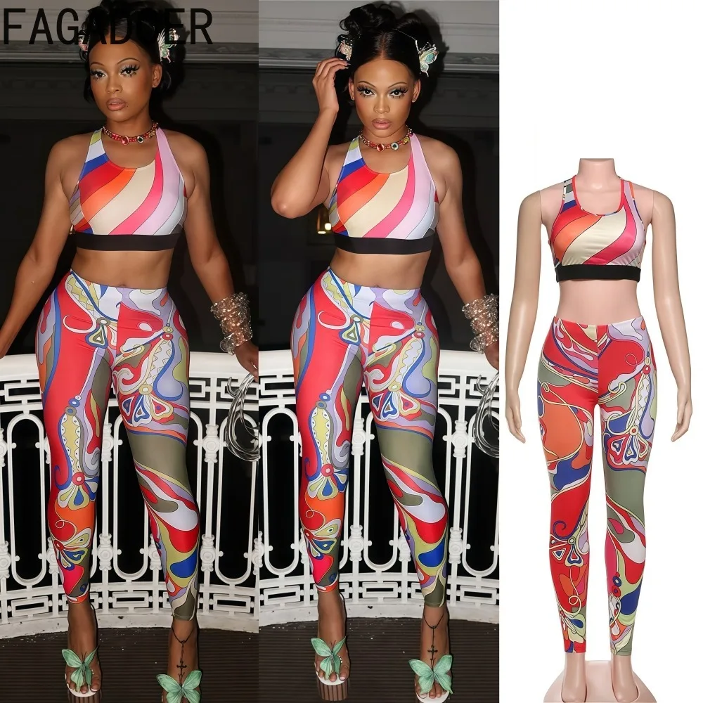 

FAGADOER Sexy Pattern Printing 2 Piece Sets Woman Outfit Sleeveless Backless Crop Top and Skiny Pants Matching Female Streetwear