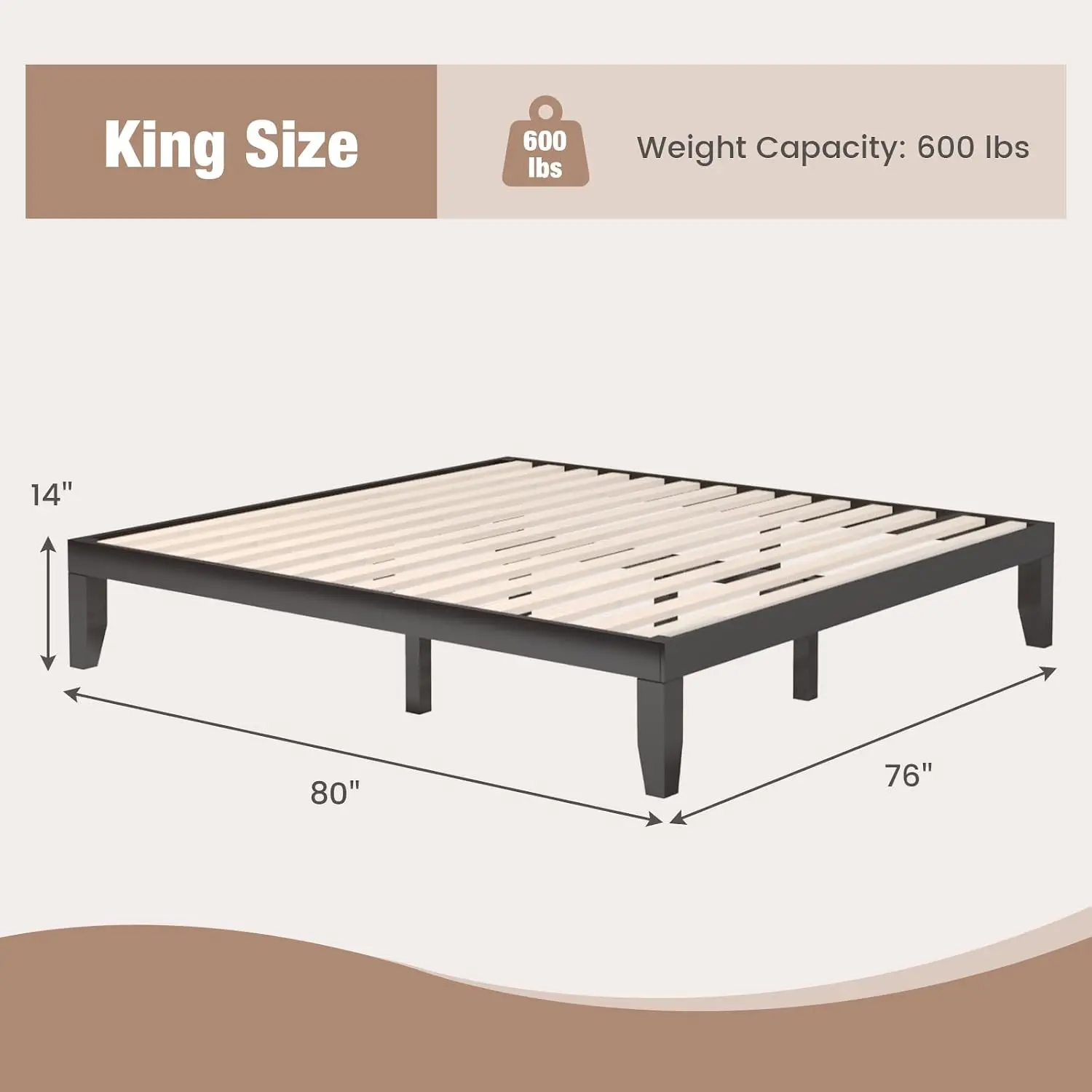 14 Inch King Wood Platform Bed Frame, Minimalist Style Mattress Foundation with Solid Rubber Wood, Heavy Duty Slat Support