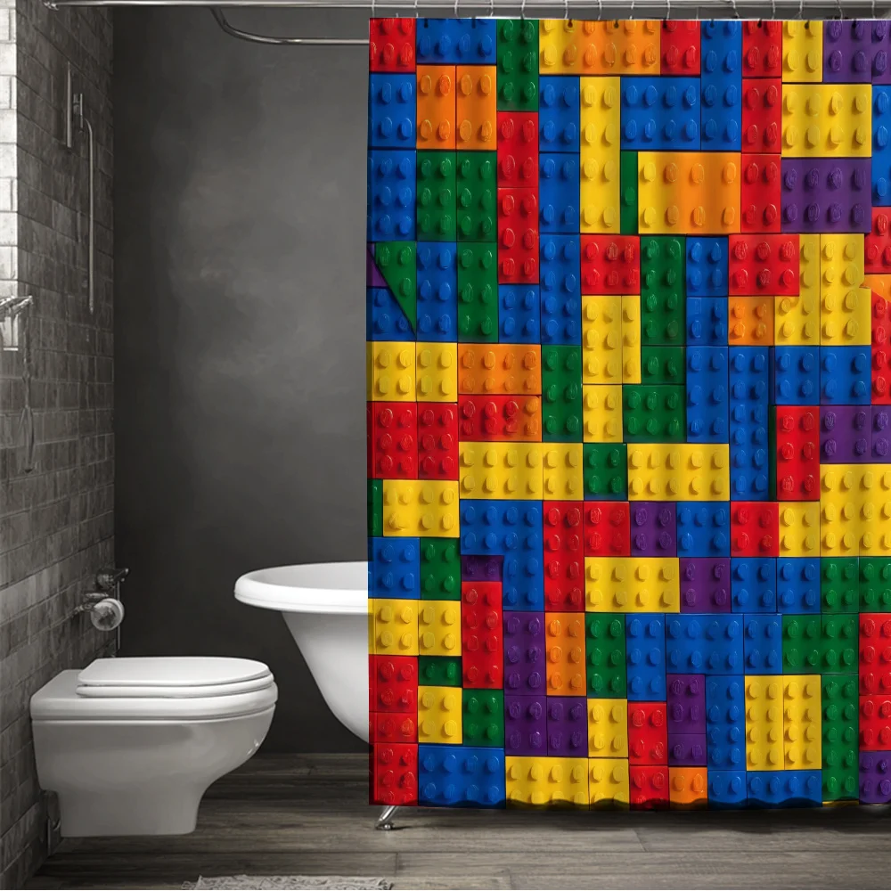 Vibrant Colorful Blocks Pattern Shower Curtain Waterproof Polyester Bathroom Decor Kids Puzzle Novelty Shower Liner Home Decorat