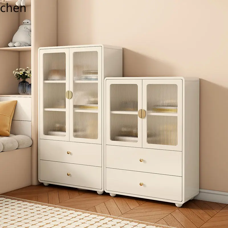 HT Solid Wood Bookcase Dustproof Glass Door Cream Style Bookshelf Floor-standing Combination Cabinet Student Storage Cabinet