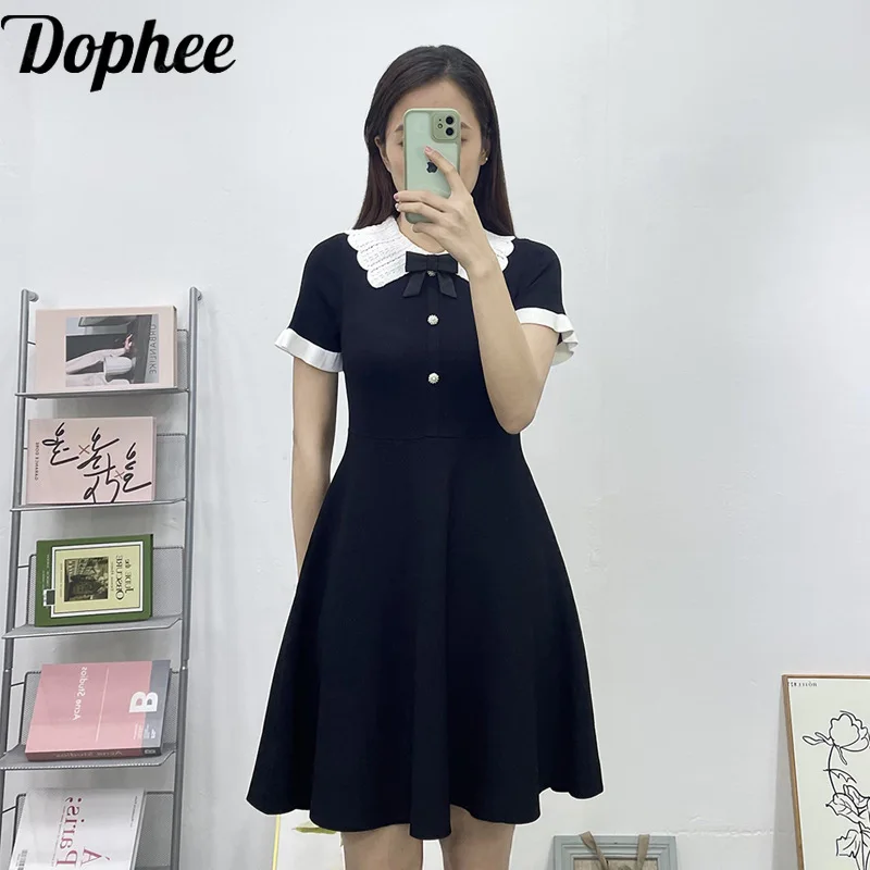 Dophee 2024 New Summer Elegant Women Short Sleeve Knitted Dress Bow Peter Pan Collar Slim Basic Top All-match Short A-line Dress