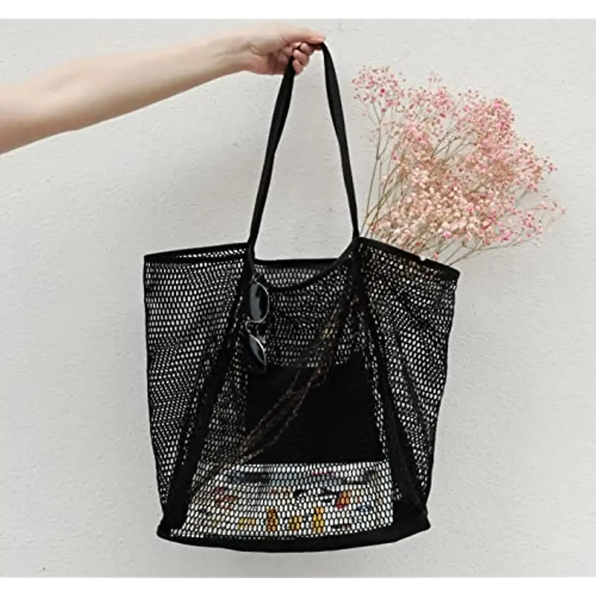 A Variety of Color Fashion Mesh Beach Tote Bag with Shoulder Strap for Women Large Capacity Handbags Tourist Beach Seaside