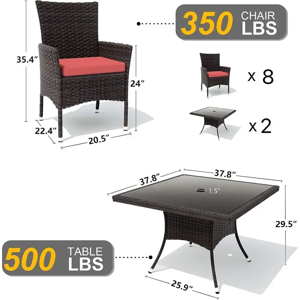 All-Weather Rattan Outdoor Dining Set with Tempered Glass Table and Removable Cushions for Patio or Deck, Red