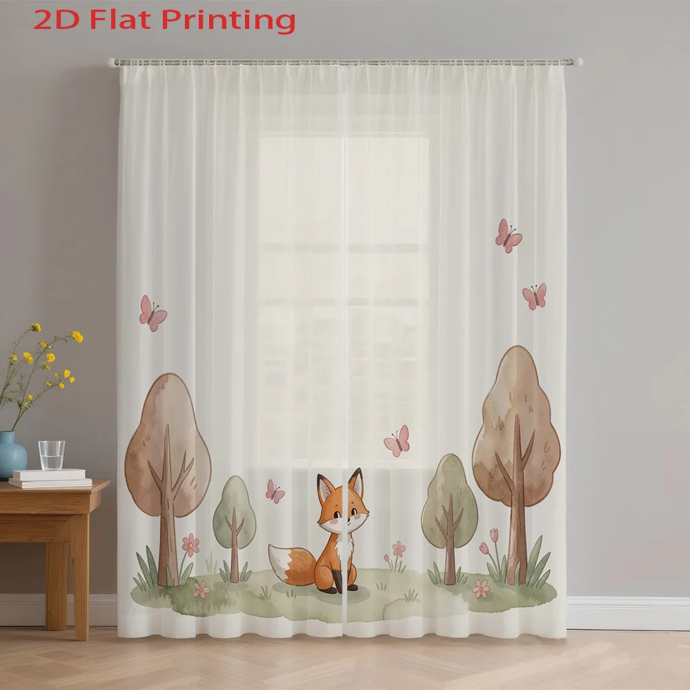 Cortinas Transparentes 2D Planas (2 Peças) com Estampa de Raposas, Árvores, Borboletas, Flores e Grama, com Bolso para Varão, Painéis Filtrantes para Quarto e Sala de Estar