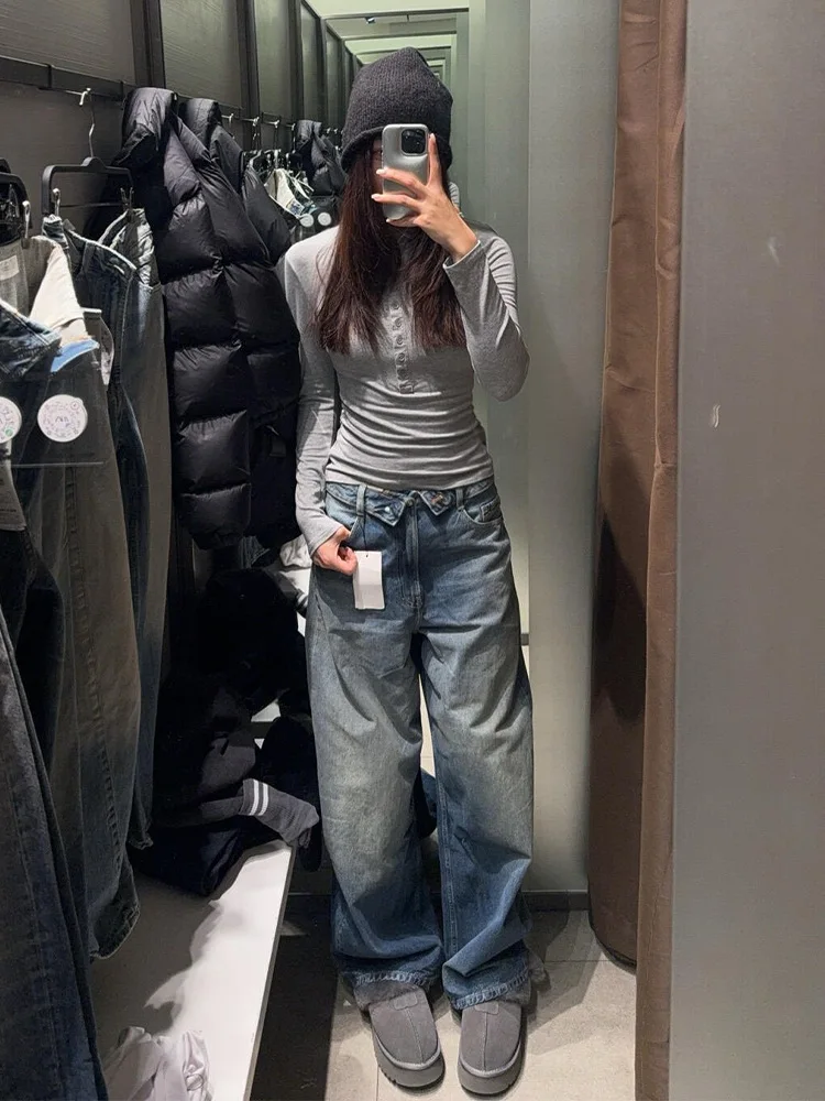 2026 Retro Distressed Cuffed Wide Leg Trousers Draped Casual Loose Slim Vintage Straight Pants Women 's Jeans Street Pantalones
