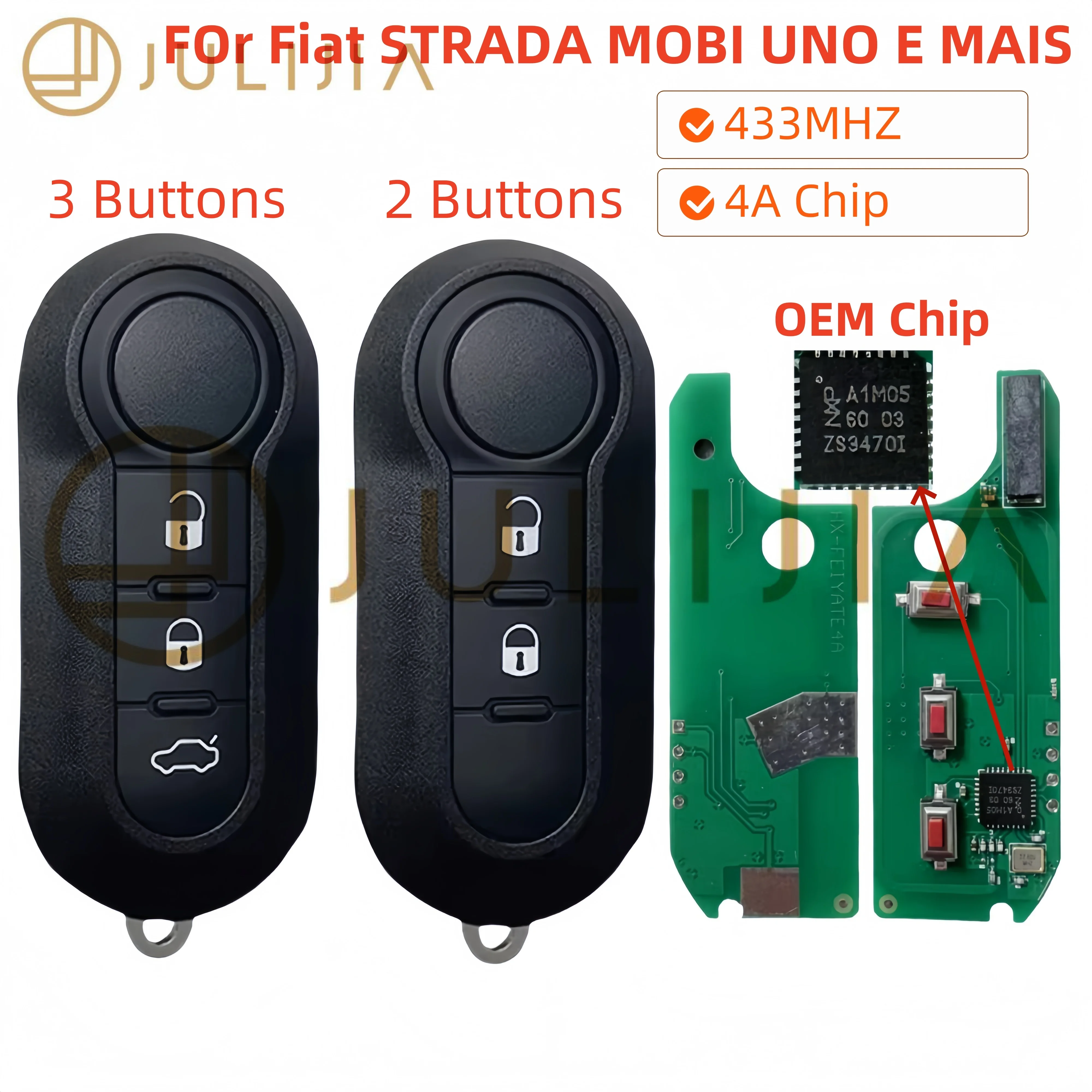 JULIJIIA3/2Button Flip Remote Key 433Mhz  HITAG AES 29A1 4A Chip A2C86460000 Fob For Fiat Strada MOBI UNO Fiorino E MAIS Car Key