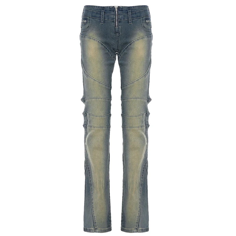 Vintage Light Wash Distressed Paneled Jeans Y2K Slim-Fitting Low-Waisted Stitched Denim Pants Women 2025 Streetwear Retro Jeans - Image 4