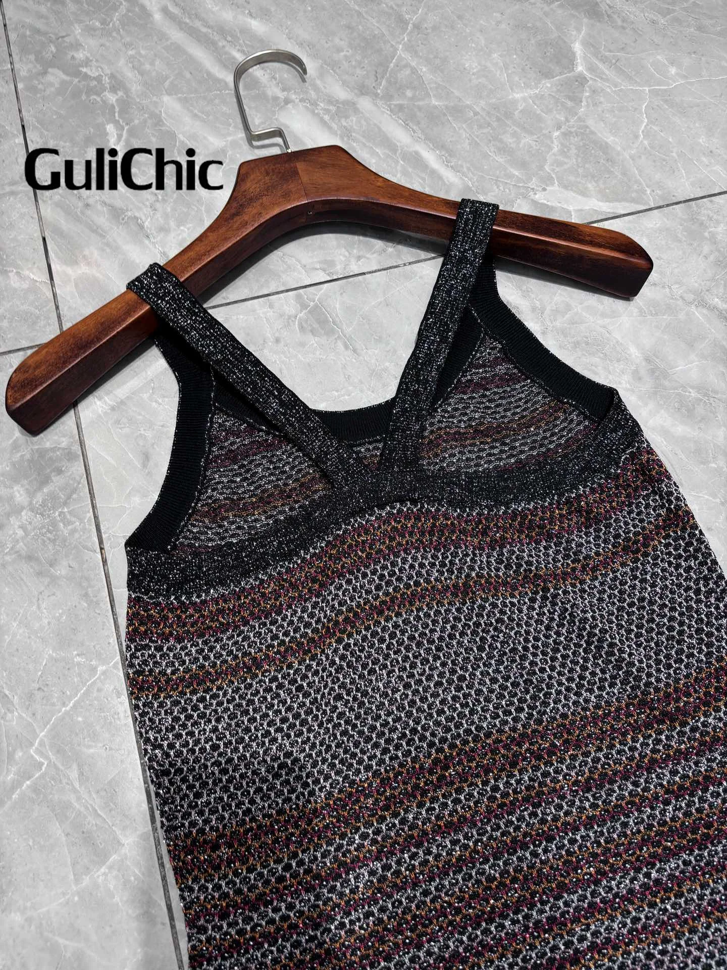 5.13 GuliChic Women High Quality Elegant Sheath Straps Dress Shiny Metallic U-Neck Sleeveless Slim Striped Knit Dresses Ladies