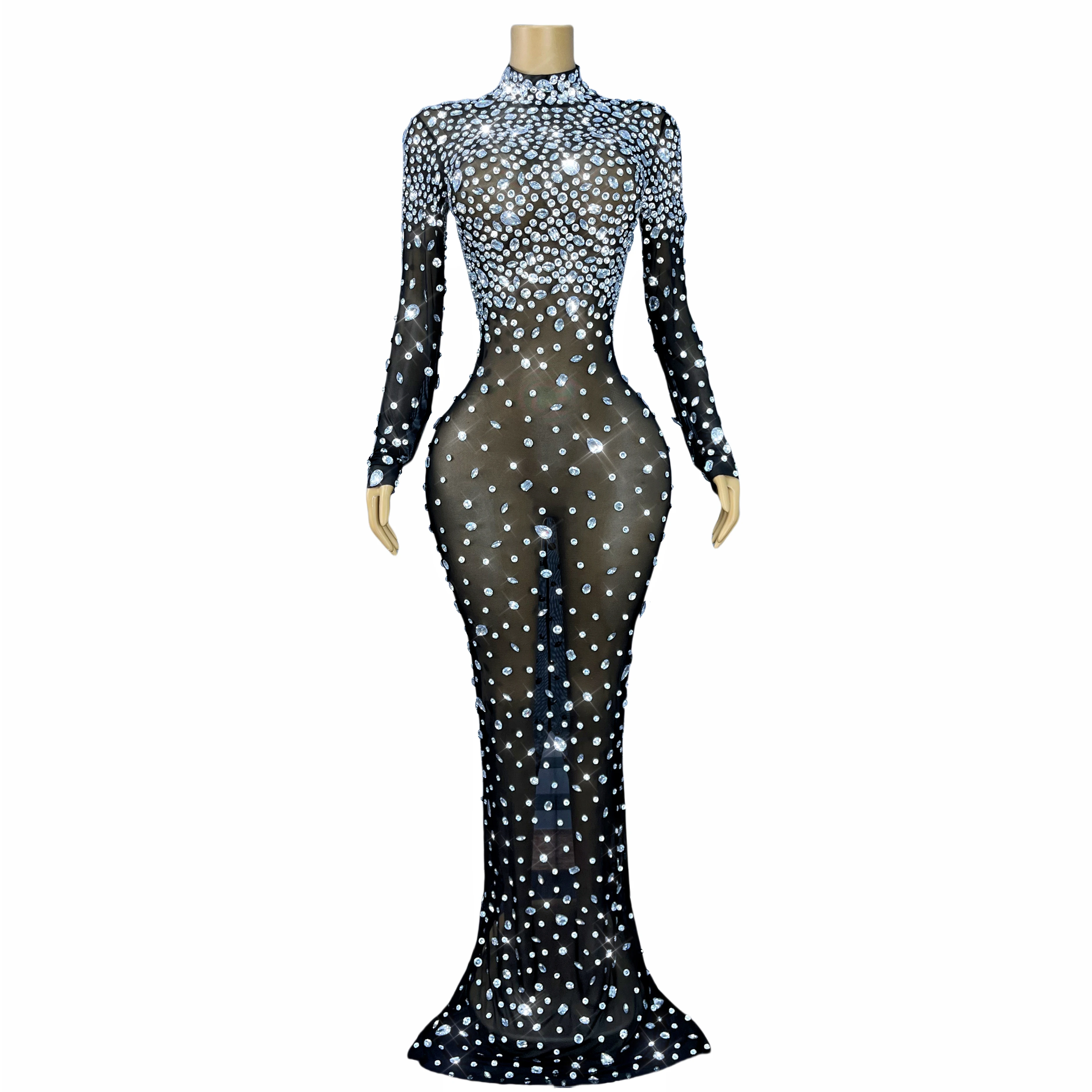 

Luxury Handmade Sparkly Big Rhinestones Transparent Mesh Long sleeves Dress Evening Party Gown Red carpet Show Outfit Dashuijing