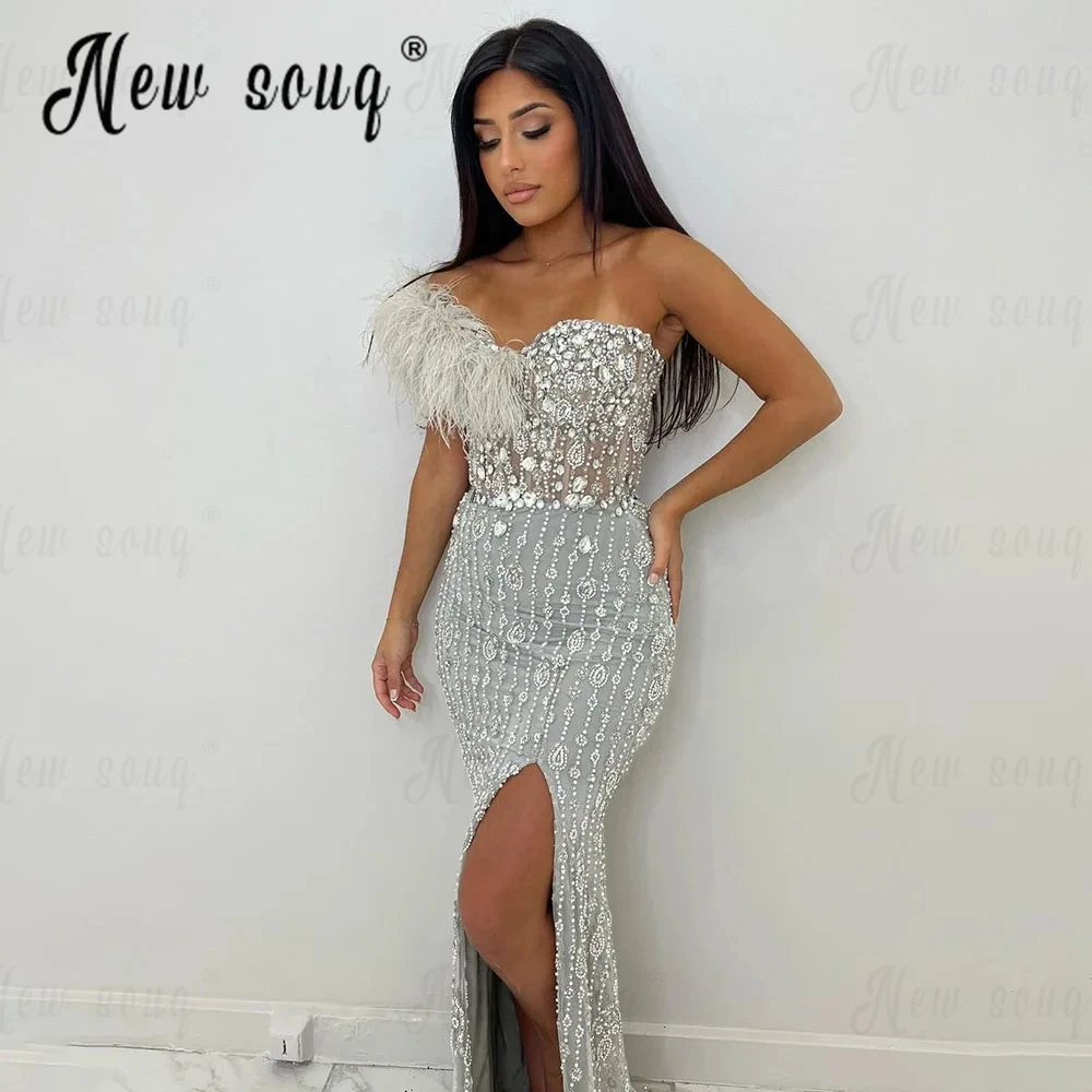 

Robes De Soirée Silver Luxury 2024 Heavy Beaded Evening Dress Gray Feather Split Side Maxi Long Party Gala Dress Dubai Custom