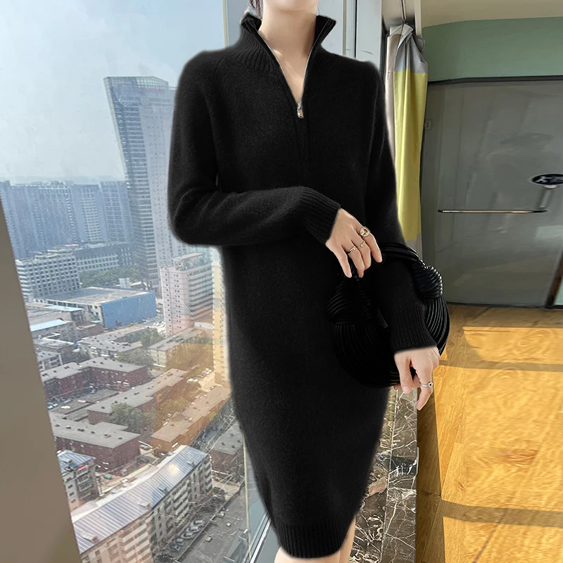 High-end zipper lapel pure cashmere sweater women\'s long over-the-knee sweater skirt loose lazy wind knit bottoming shirt