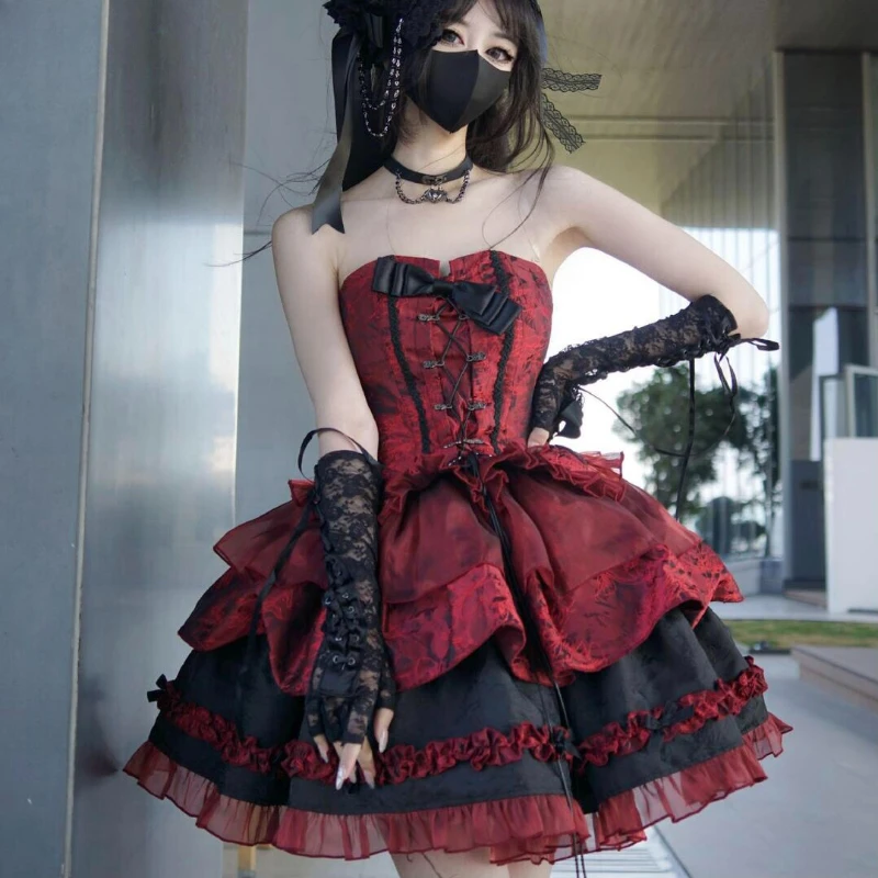 Vestido Lolita gótico vitoriano para mulheres, Harajuku Y2K, arco de renda, vestidos de festa noturna estilo punk japonês, vestido de princesa bandagem