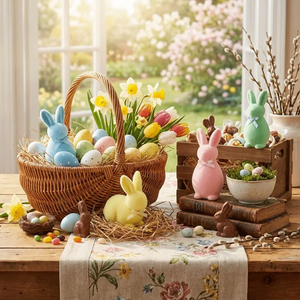 Easter Holiday Foam Flocked Rabbit Figures with Bow Easter Bunny Statue 3D Standing Solid Color Bunny Ornaments Indoor Table