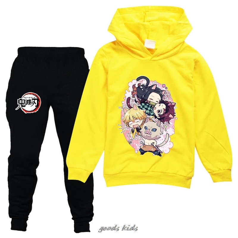 Hot Demon Slayer Spring Children Sweater Hoodie Set 2-16 Year Old Casual Fashion Printed Anime Large Children's Sports Top+Pants