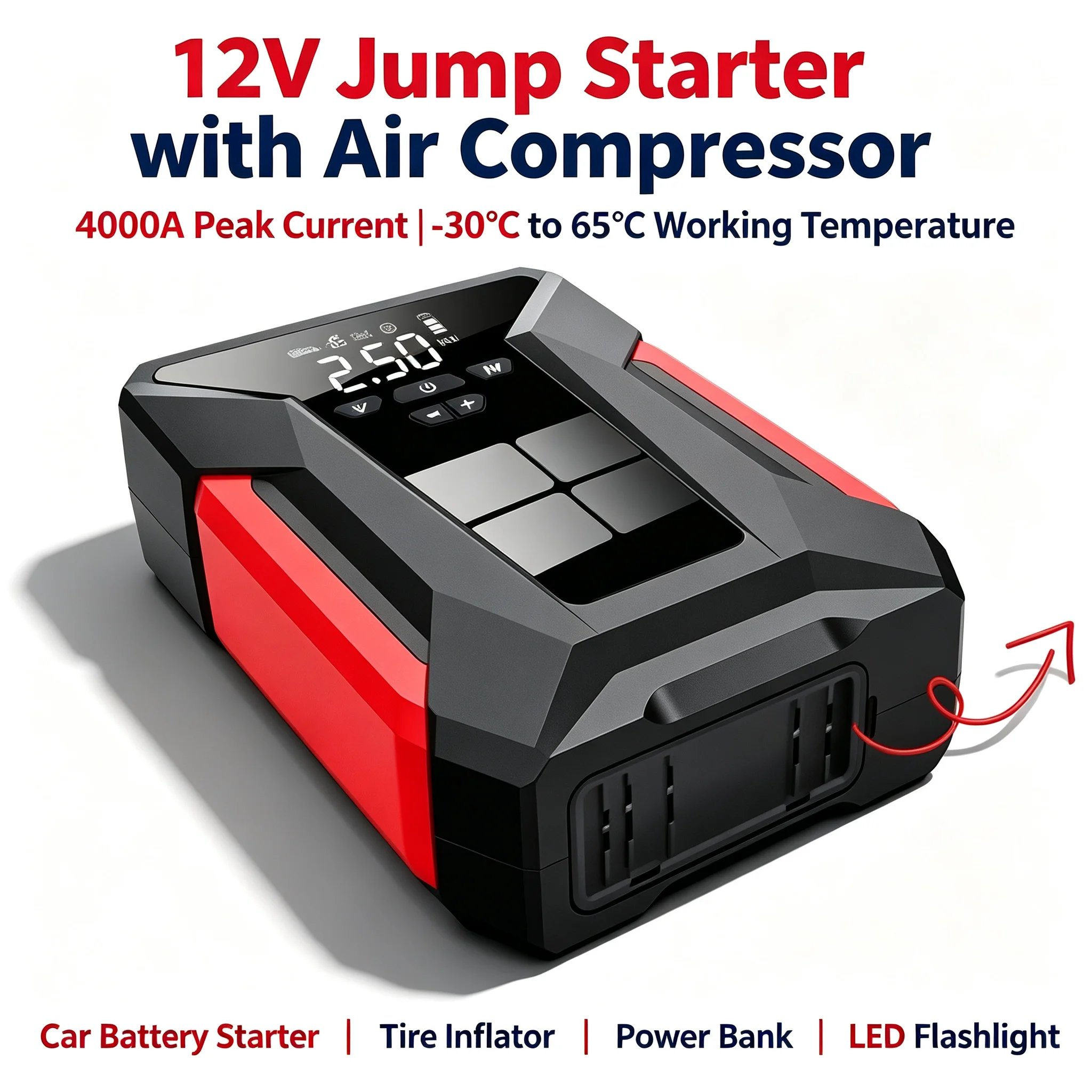 Car Jump Starter with Air Compressor Portable Power Bank 4000A 12V Battery Emergency Boosters Starting Device Auto Tyre Inflator