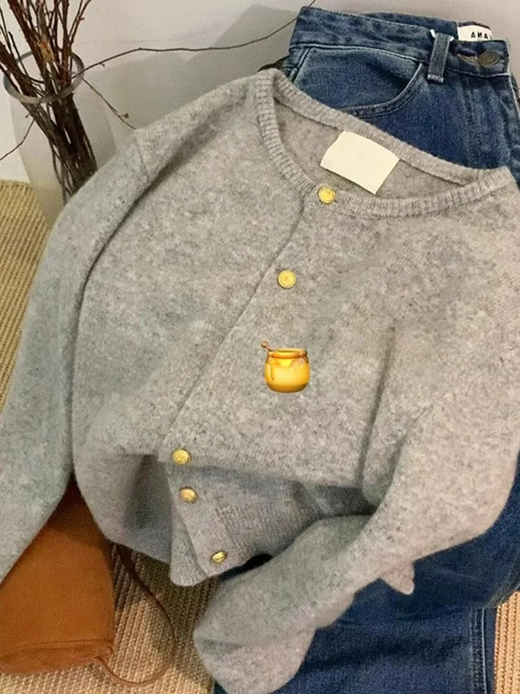 

Korean Sle Vintage Knitted Cardigan Loose Long Sve round Ne Comfortable Casual High-End Feeling Ele Women's Top