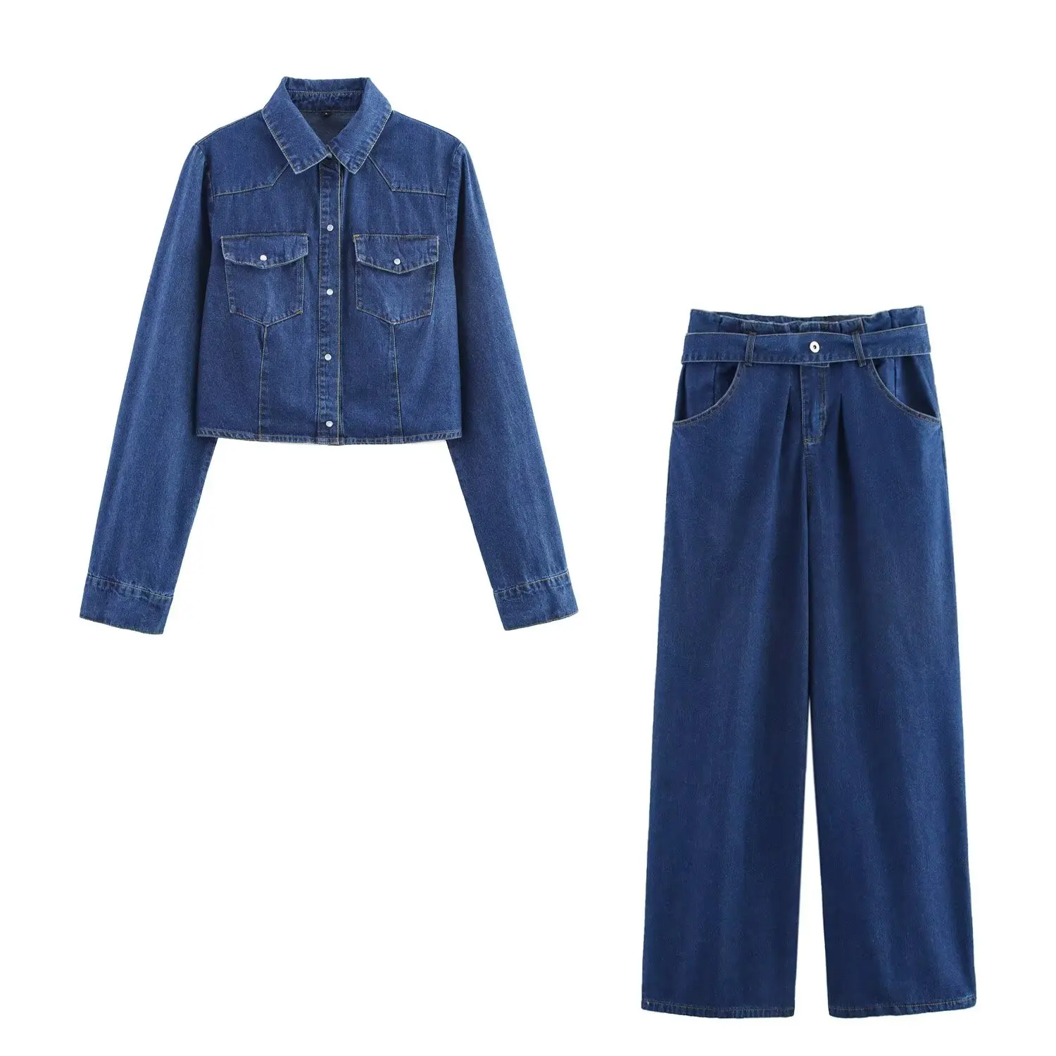 

TRAF & Women 2025 Spring New Fashion Lazy Wind Short Denim Long Sleeve Shirt with Belt with Wide Leg Pants suit Mujer