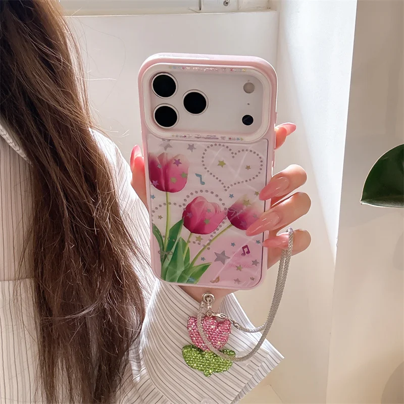 

Fashion Pink tulips Phone Case For iPhone 17 Pro 15 16 Pro Max Tulip hanging string Cover Cute Protective Cases For Apple 17Pro