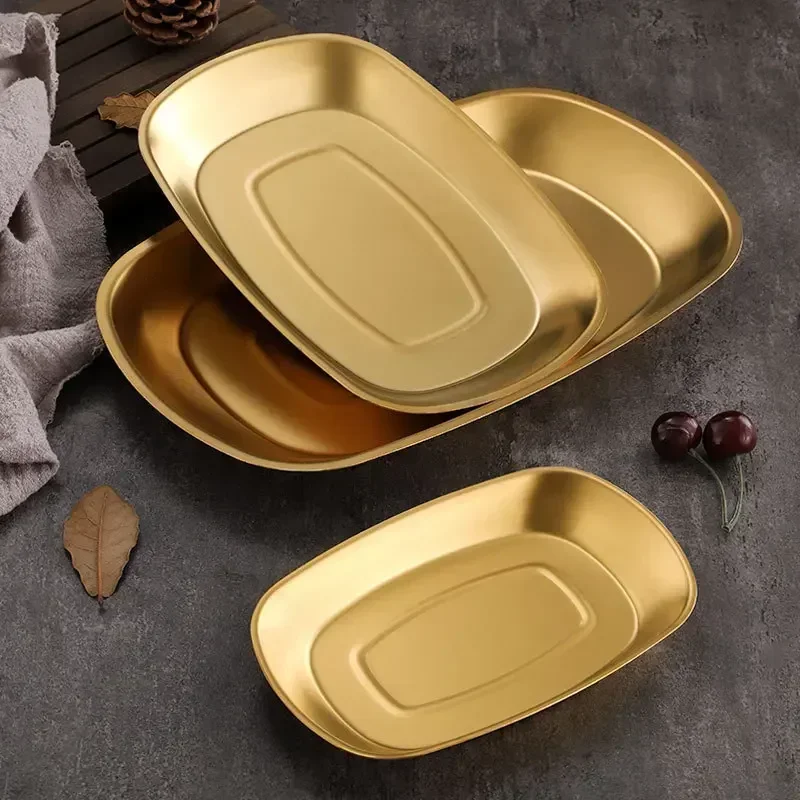 Korean Stainless Steel Deep Plate Golden Rectangular Plate Commercial Camping Snack Plate Barbecue Plate