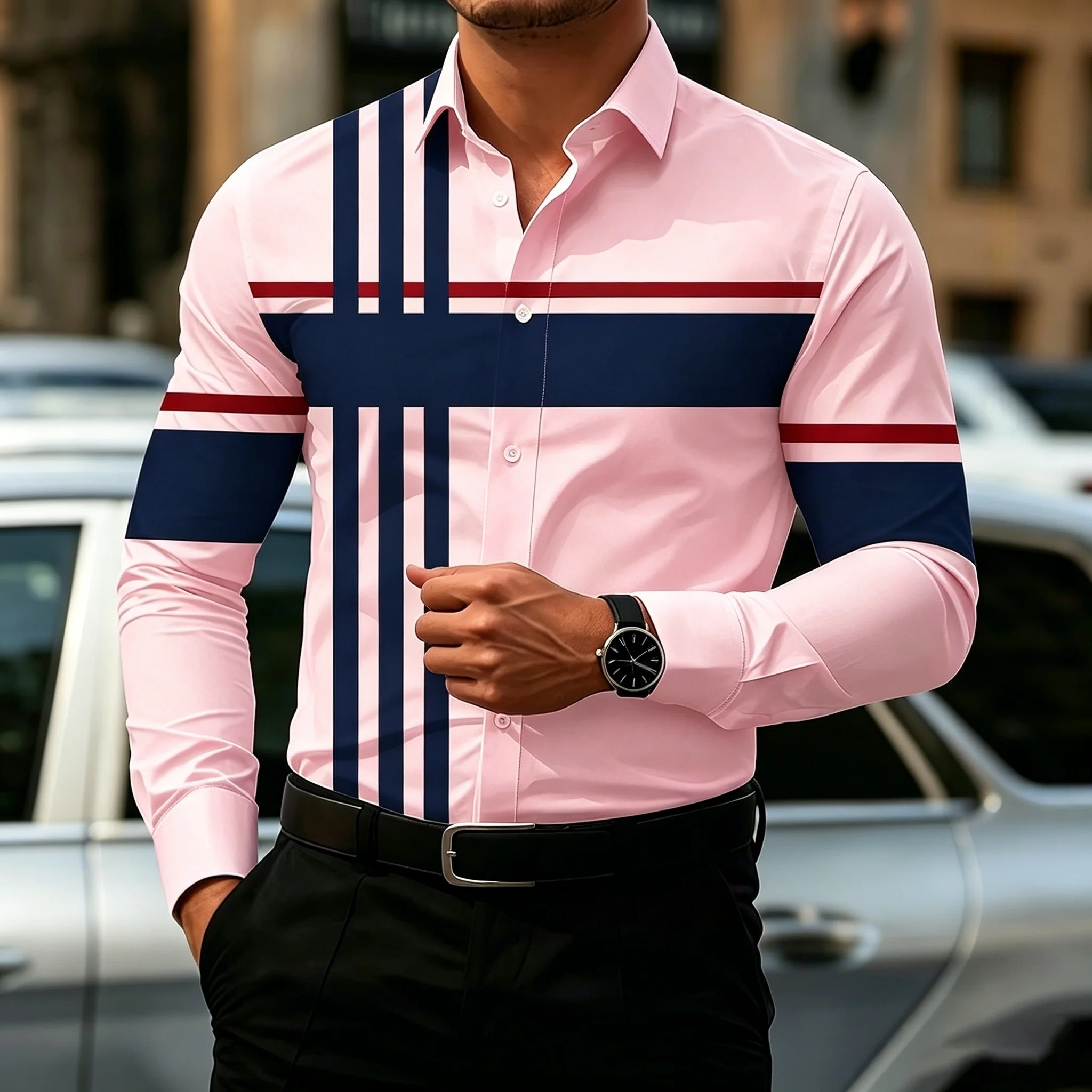 Men's Casual Patchwork Shirt With Contrasting Striped Street Style Top Camisa Henley Masculino Hawaiian Shirt Man
