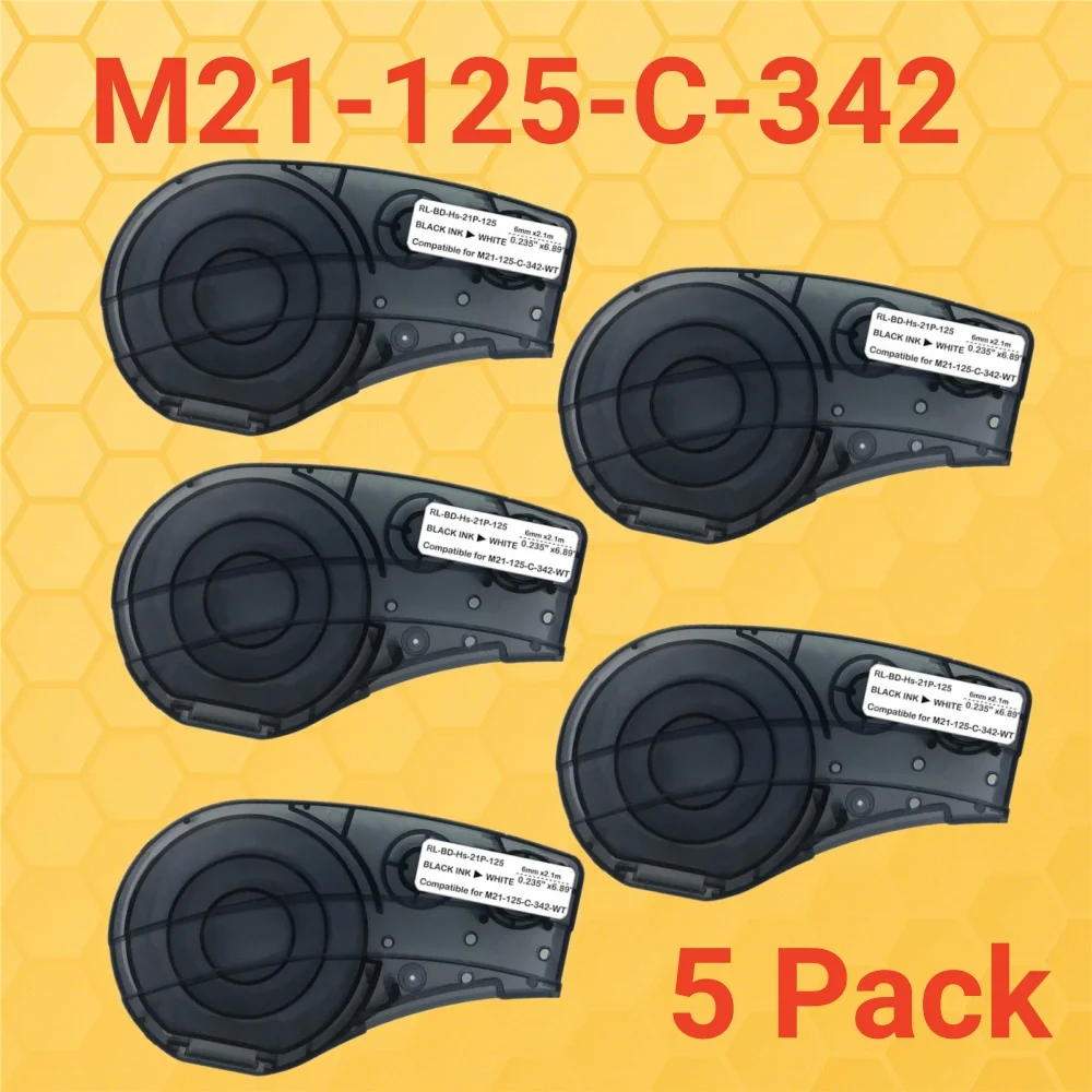 5PK Polypropylene Label TAPE M21-125-C-342-WT Work For Brady BMP21-PLUS,BMP21,BMP21-LAB Labeller,Black on White,6mm x 2.1m