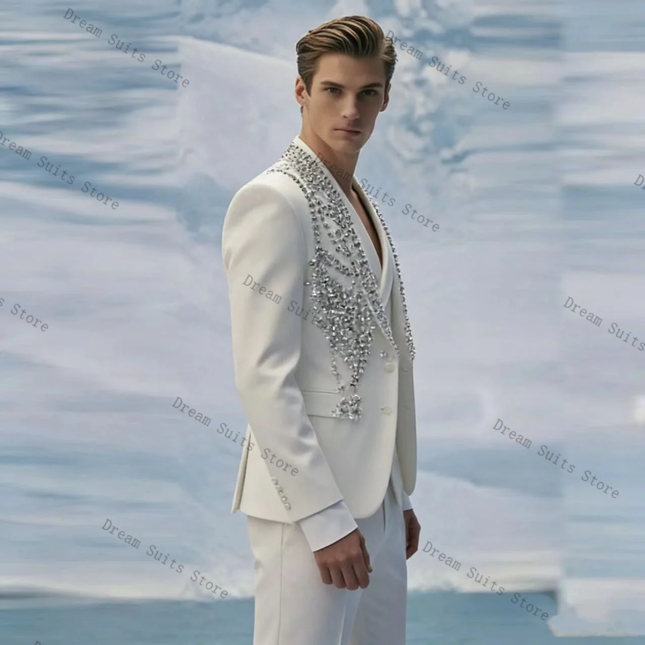

White Crystals Men Suit Set 3 Pcs Vest+Blazer+Pants Trousers Customized Spring Formal Office Jacket Wedding Tuxedos Prom Coat