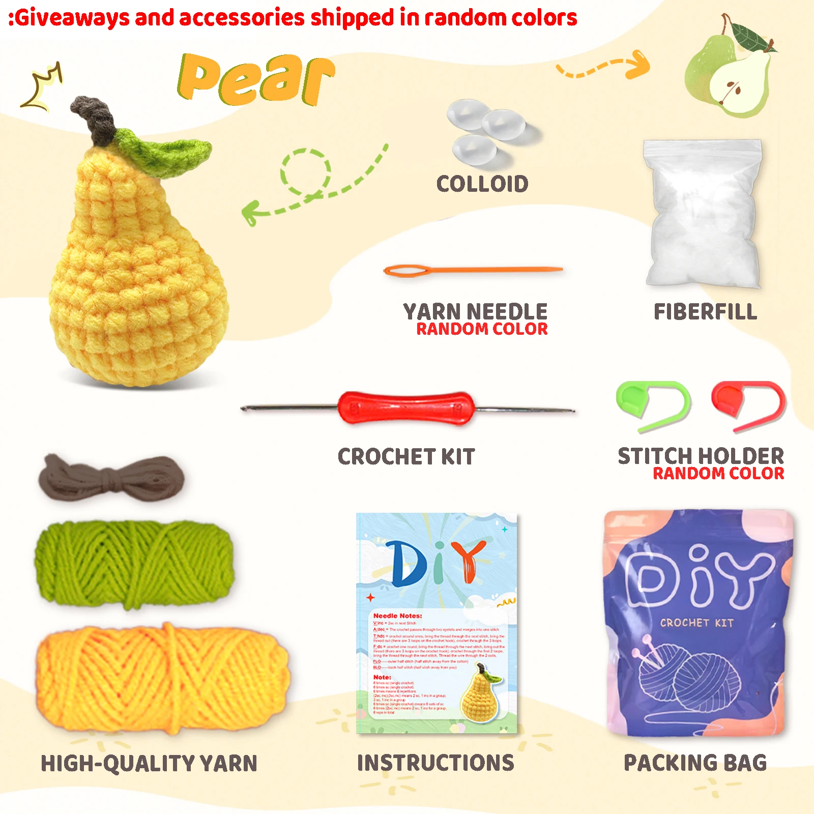 1PC Pear Crochet Set for Beginners,Include Step-by-Step Video Tutorials(Accessories In Random Color)