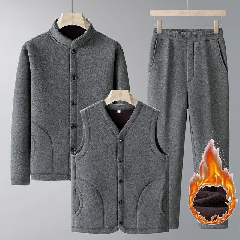 Conjunto de moletom masculino inverno casual lã grossa jaqueta de algodão quente + colete calças conjunto de 3 peças jogger agasalho masculino de meia-idade