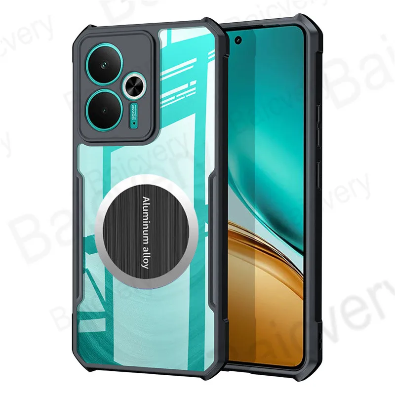 ل Realme 14 5G RMX5075 14T RMX5078 غطاء أكريليك شفاف مع ملصق جذب مغناطيسي معدني