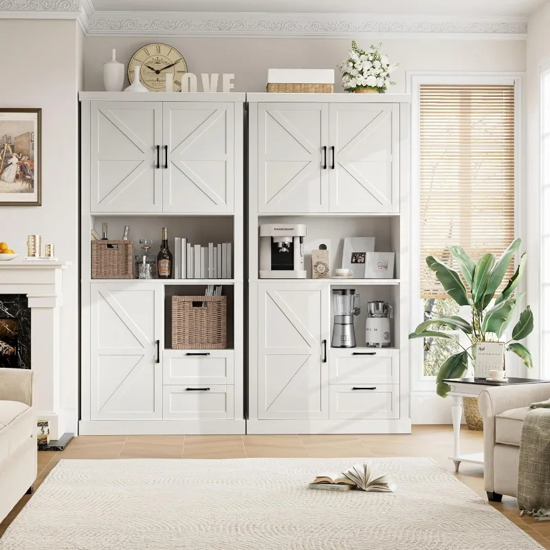 Gabinete de despensa de cocina, con cajones y estantes, gabinete de almacenamiento de madera con puertas de granero y soporte para microondas, armario para comedor