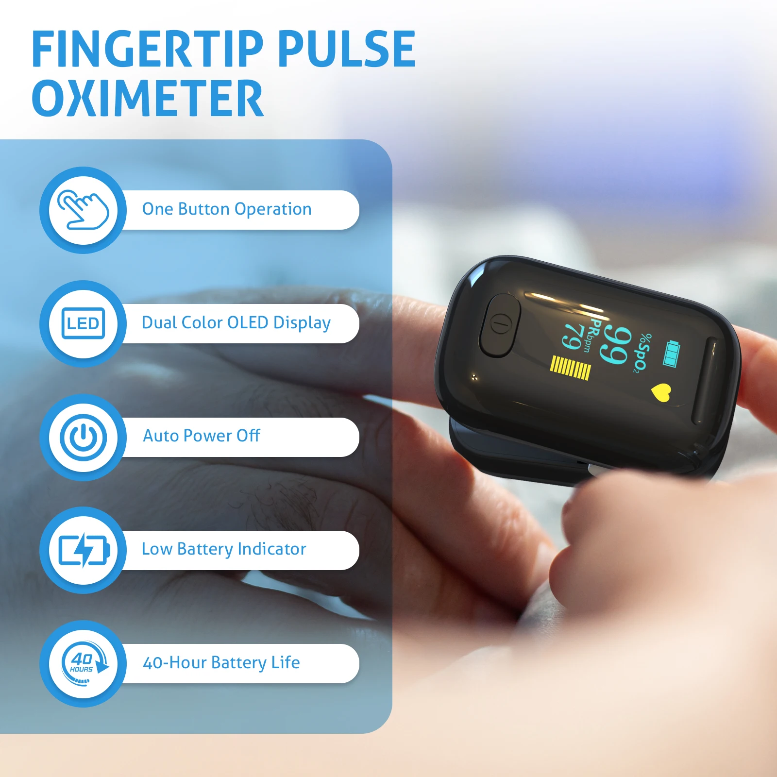 C5AO Fingertip Pulse Oximeter Blood Oxygen Saturation SpO2 Monitor with Pulse Rate PI OLED Display Portable Finger Oxygen Meter