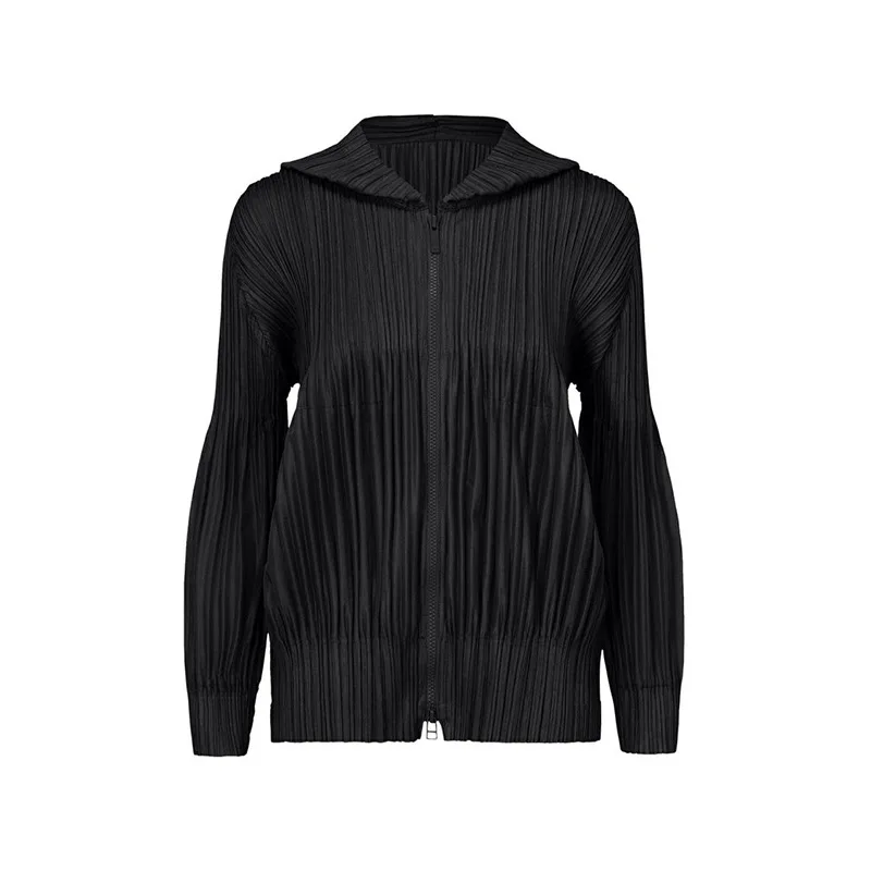 Fashionable Short Puff-Sleeve Hooded Zipper Cardigan Women's Basic Style Pleated Casual Polyester Outerwear Spring 
